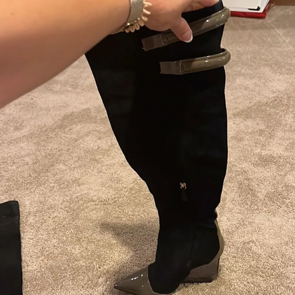 Pollini black suede thigh high boots with plexiglass heel and leather trim 40